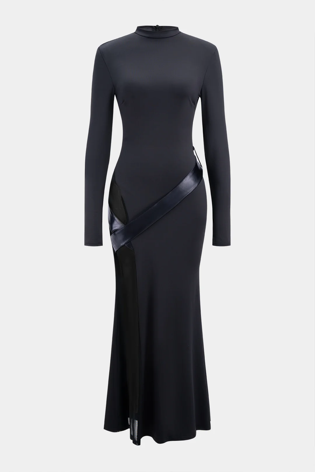 Round Neck Patchwork Zipper Long Sleeve Maxi Dress
