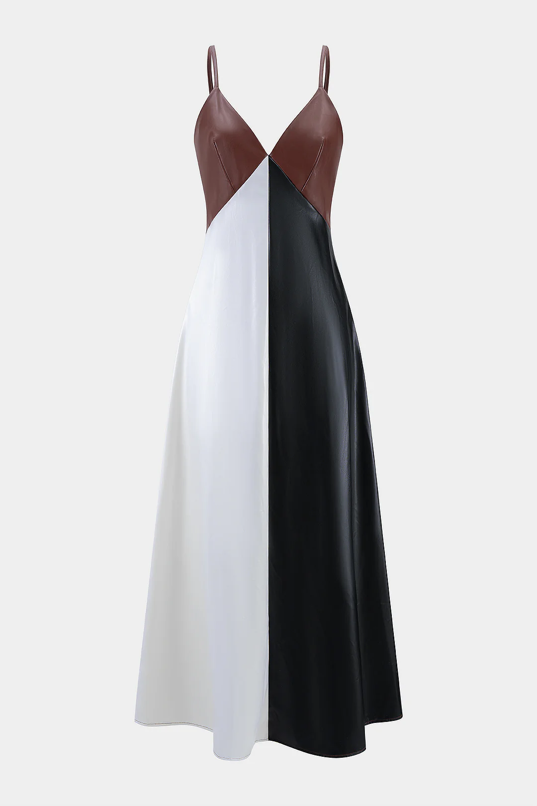 Faux Leather Contrast Slip V-Neck Sleeveless Maxi Dress