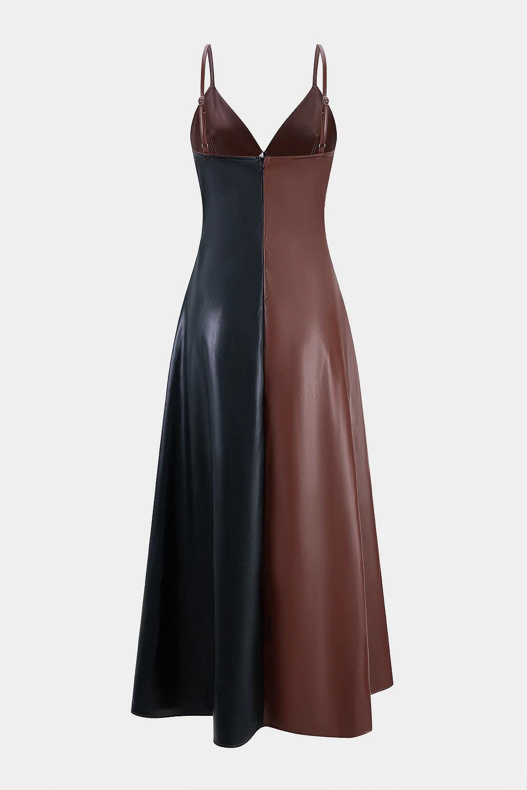 Faux Leather Contrast Slip V-Neck Sleeveless Maxi Dress - Image 2
