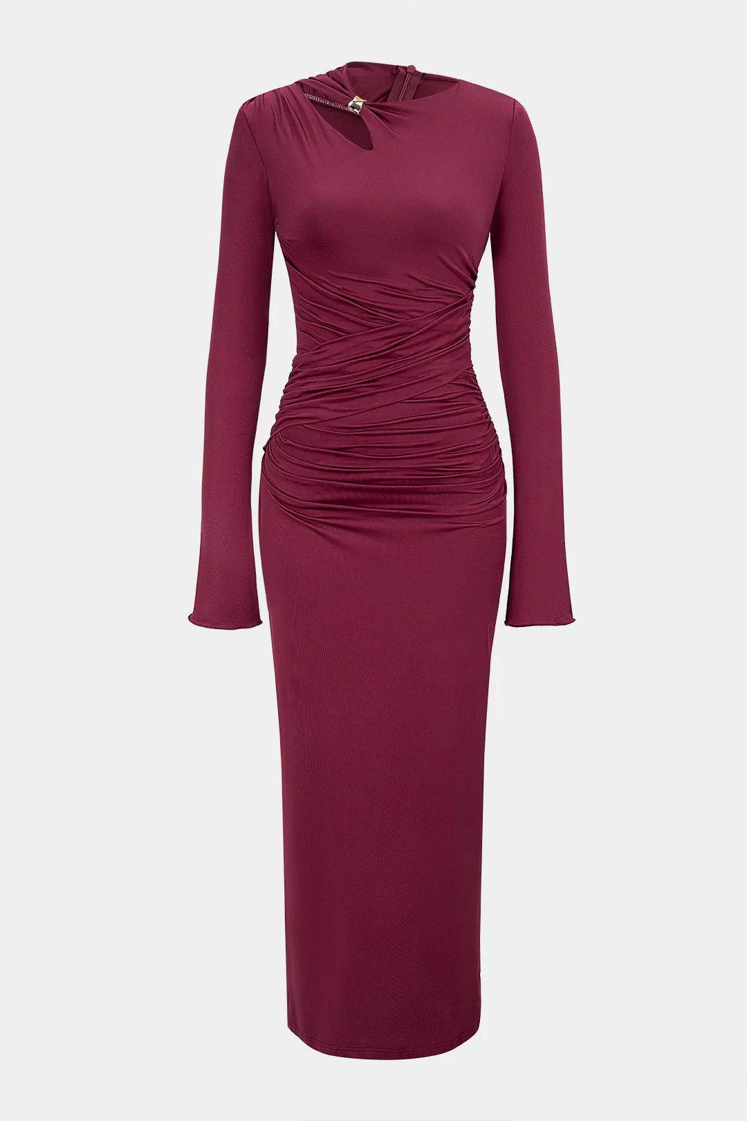 Asymmetrical Cut Out Ruched Long Sleeve Maxi Dress