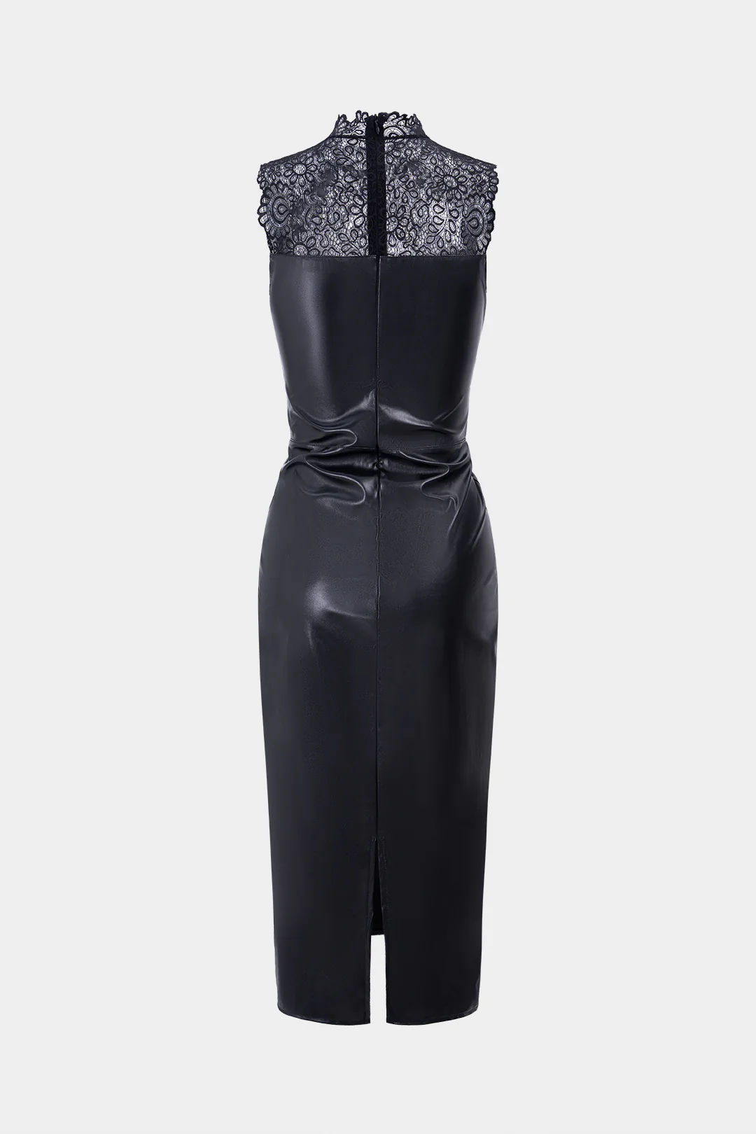 Faux Leather Patchwork Lace Ruched Sleeveless Midi Dress - Image 2