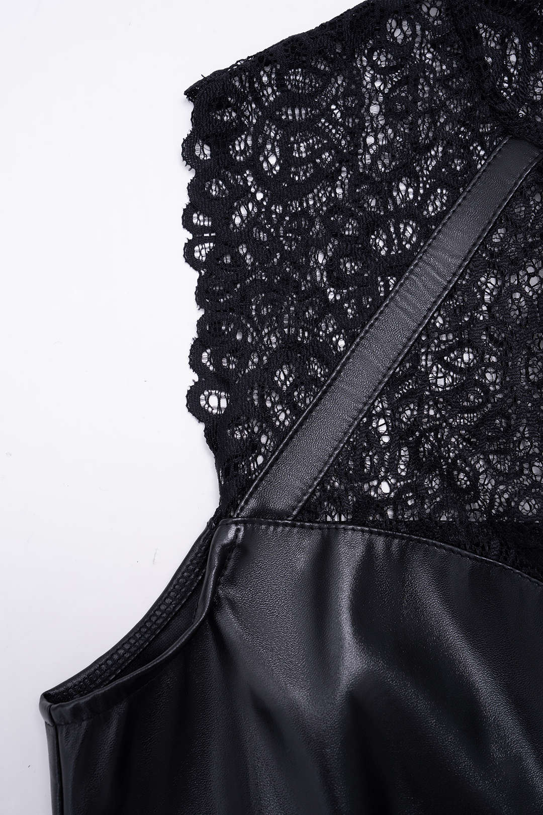 Faux Leather Patchwork Lace Ruched Sleeveless Midi Dress - Image 3
