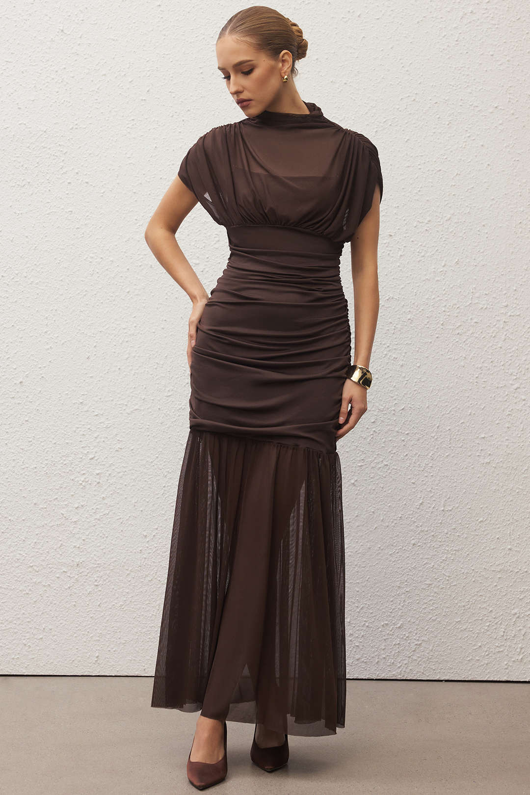 Mesh Patchwork Mock Neck Short-Sleeve Maxi Dress