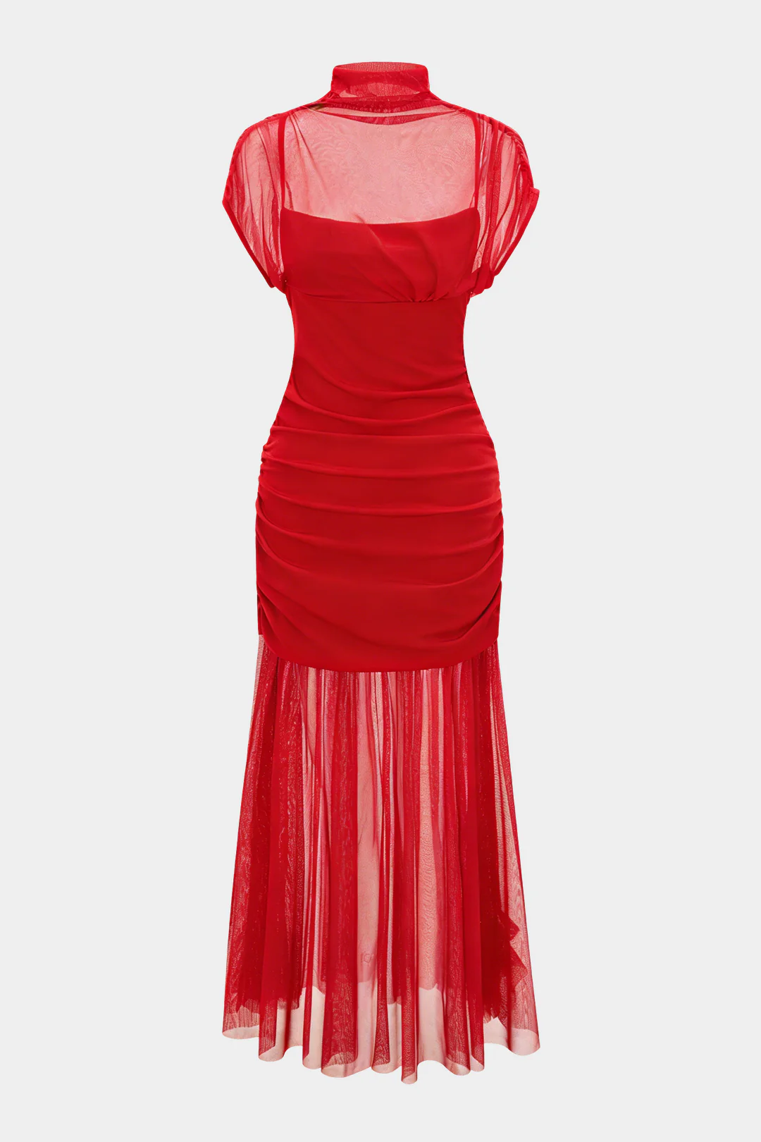 Mesh Patchwork Mock Neck Short-Sleeve Maxi Dress - Image 11