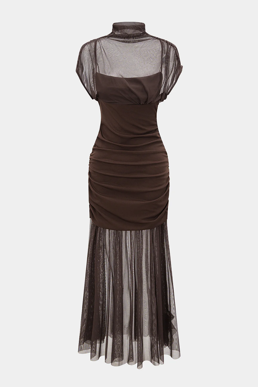 Mesh Patchwork Mock Neck Short-Sleeve Maxi Dress - Image 2