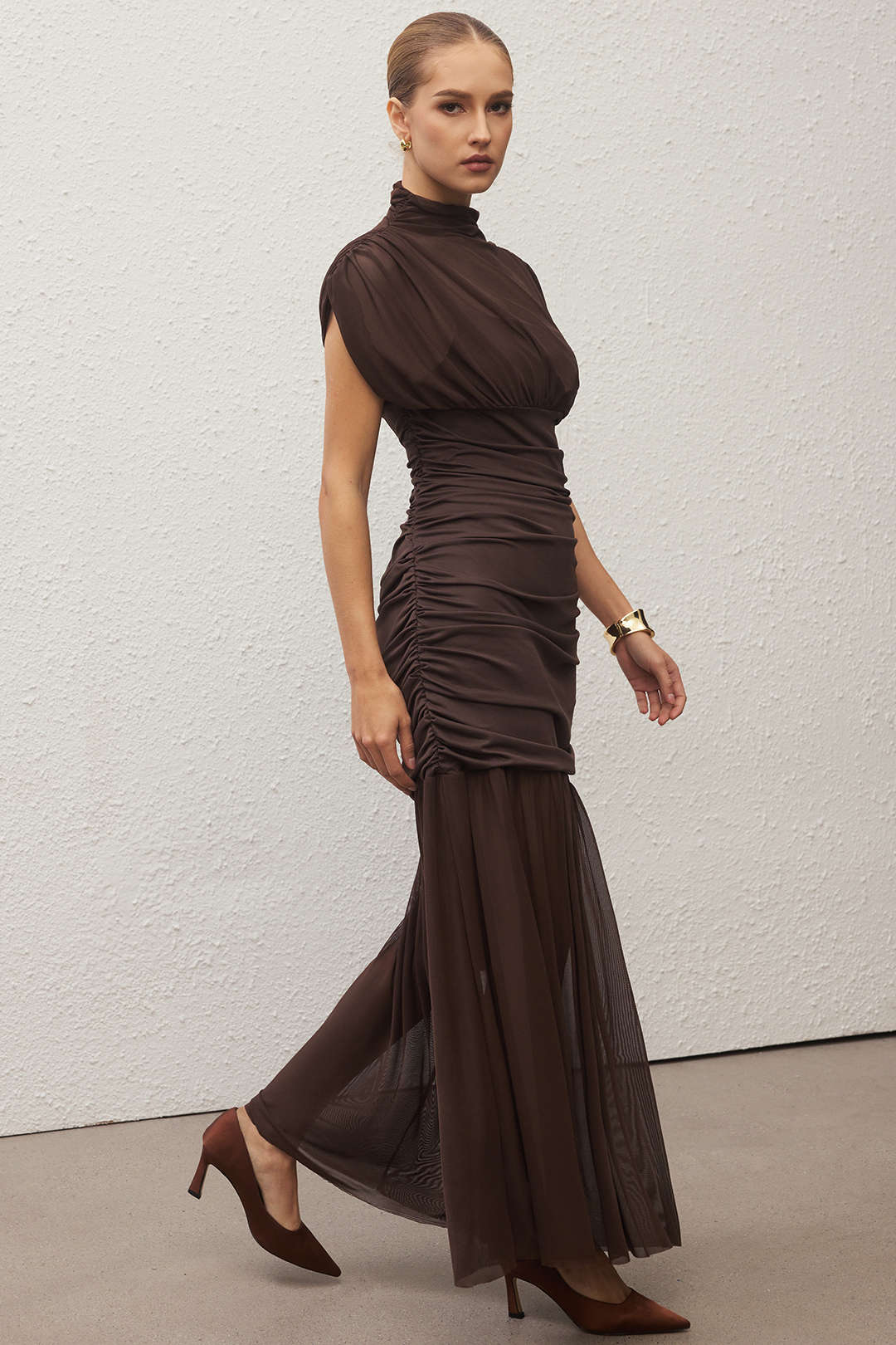 Mesh Patchwork Mock Neck Short-Sleeve Maxi Dress - Image 7