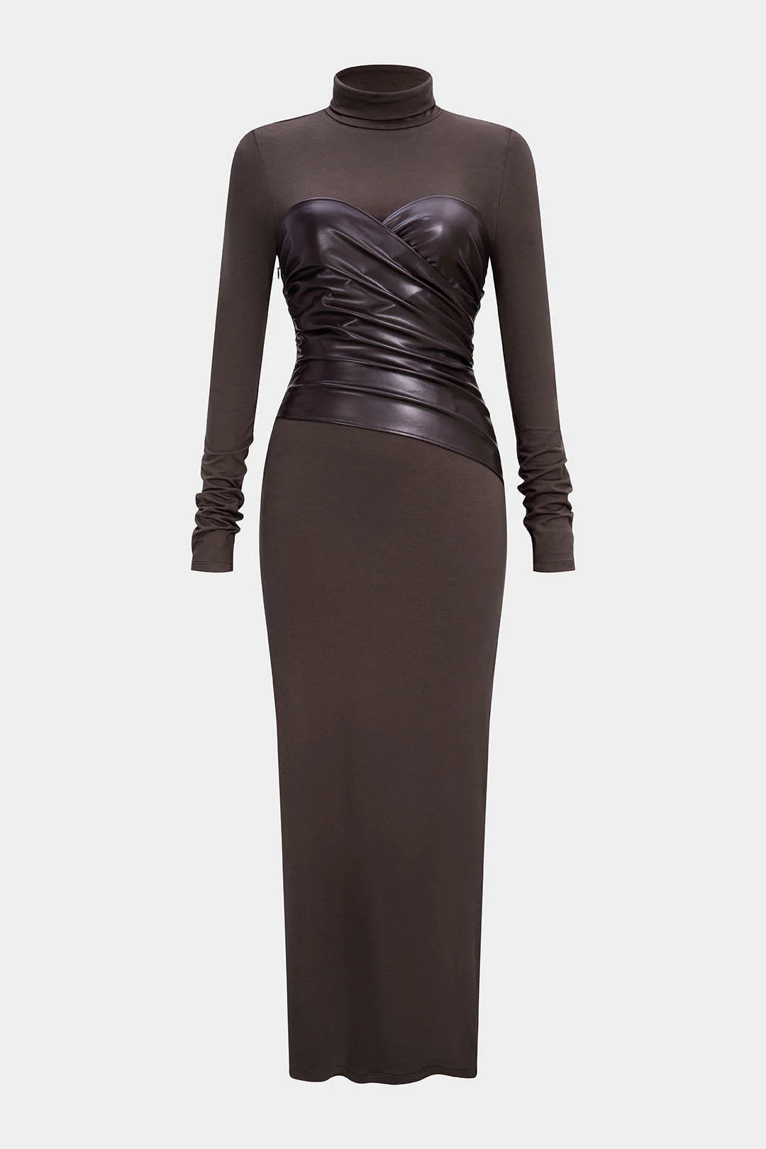 Faux Leather Crossed Ruched Long Sleeve Maxi Dress - Image 2