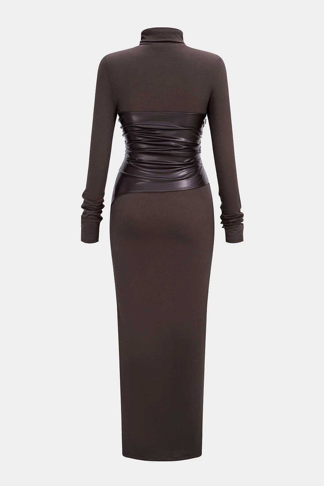 Faux Leather Crossed Ruched Long Sleeve Maxi Dress - Image 3