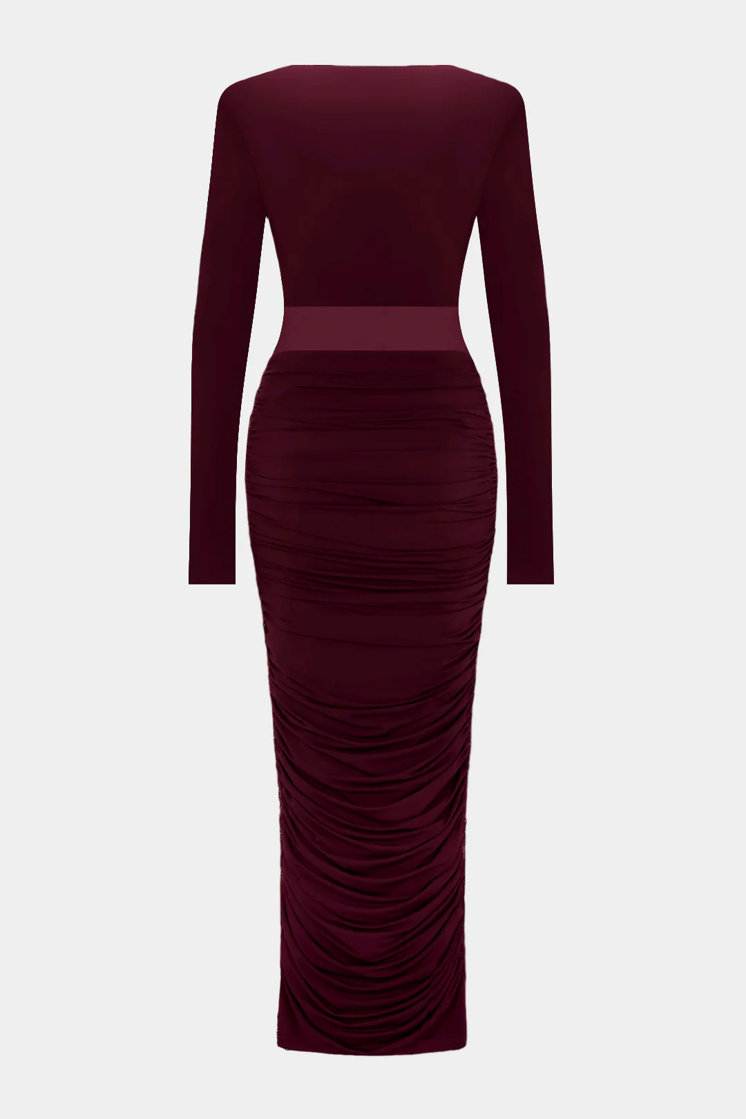 Patchwork Mesh Ruched V-Neck Long Sleeve Maxi Dress - Image 2