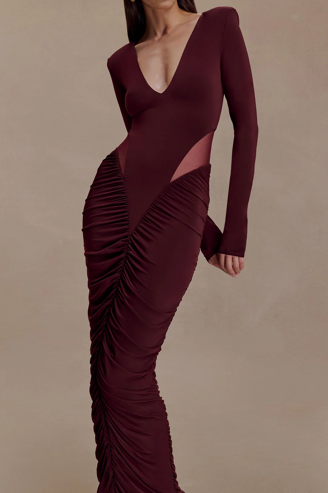 Patchwork Mesh Ruched V-Neck Long Sleeve Maxi Dress - Image 3
