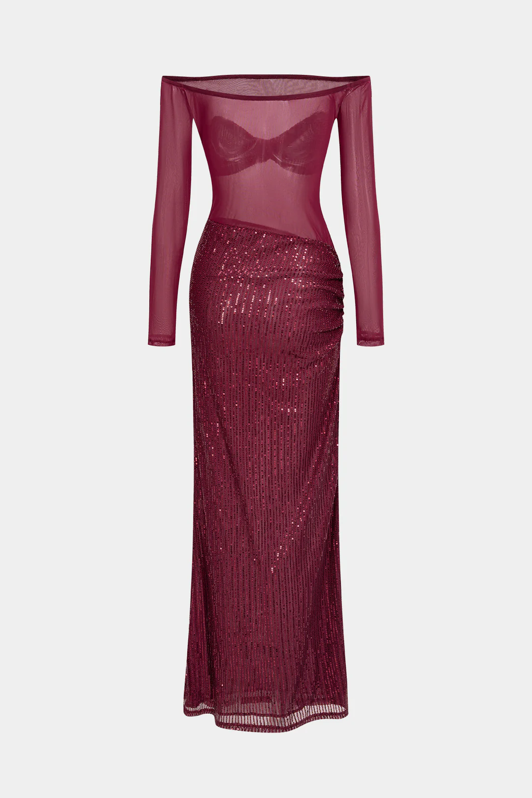 Mesh Patchwork Sequin Off Shoulder Ruched Long Sleeve Maxi Dress - Image 2