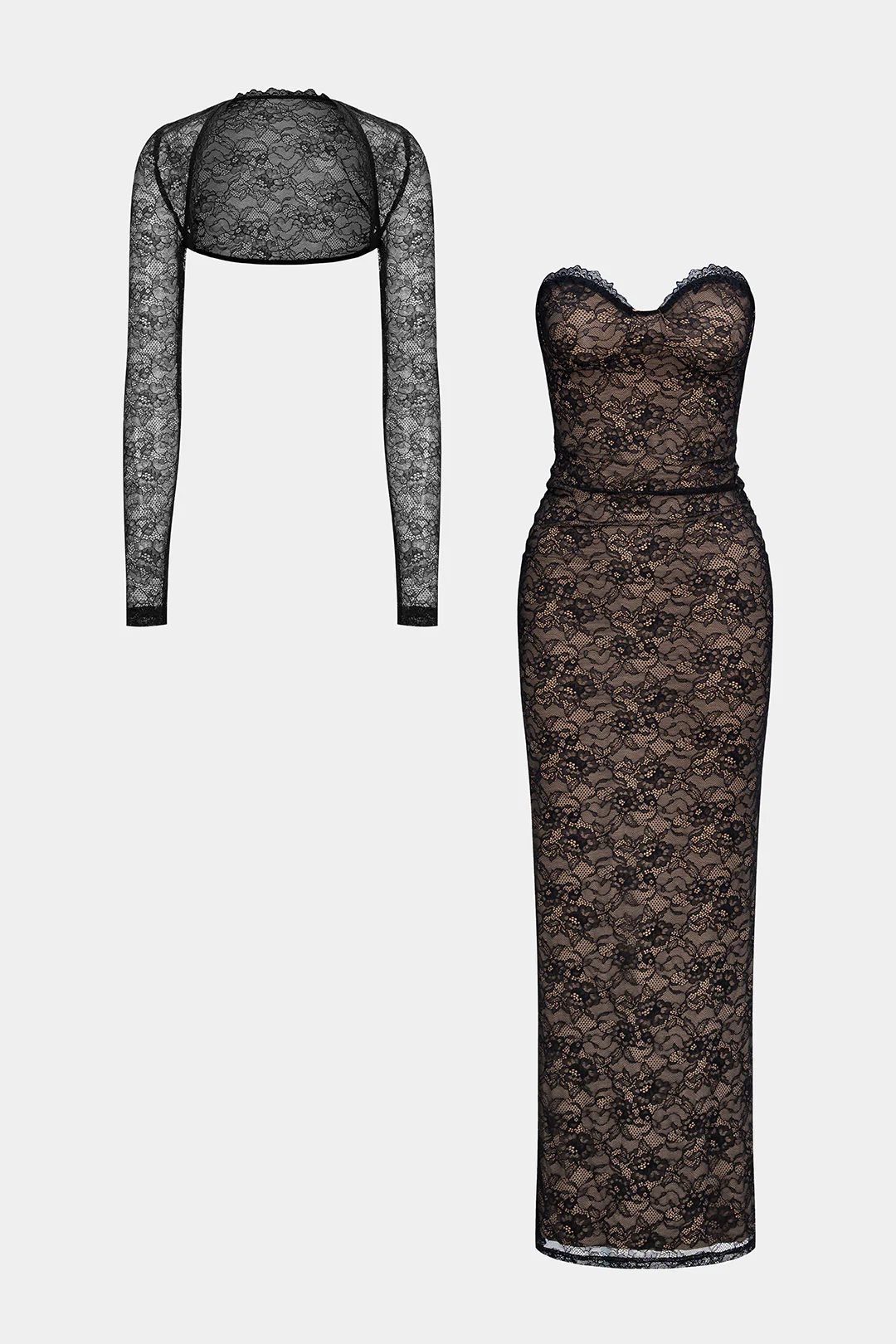 Lace Patchwork Long Sleeve Cardigan And Strapless Dress Set - Image 2