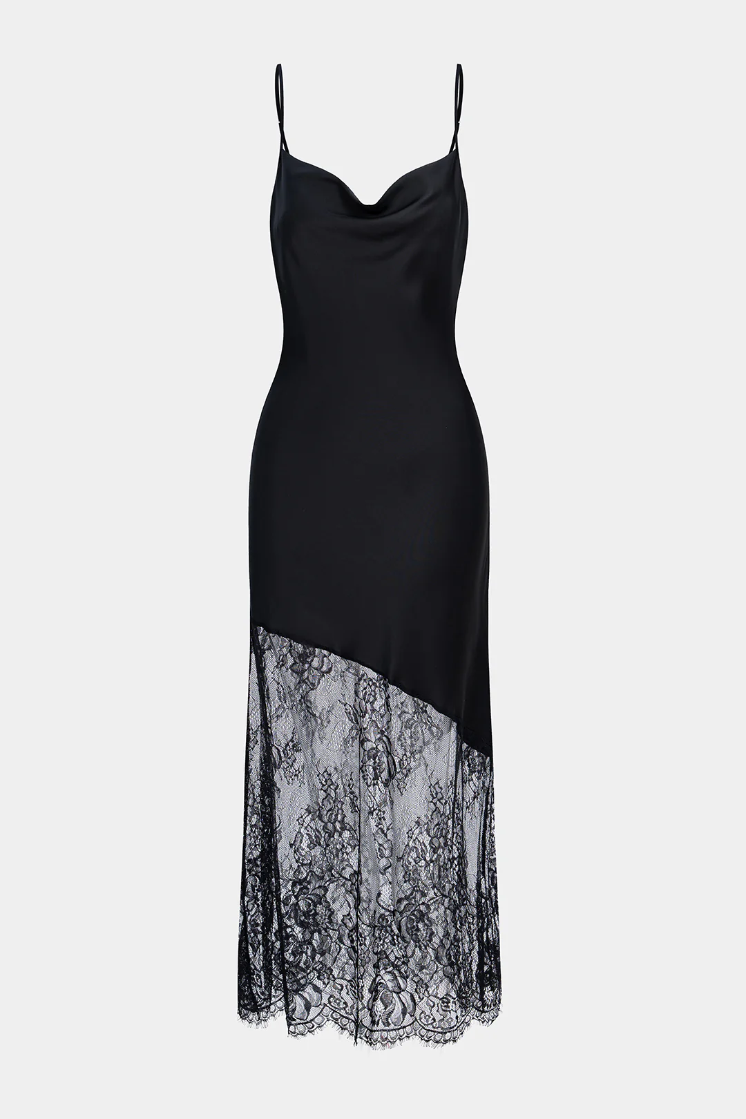 Satin Patchwork Lace Draped Cowl Neck Asymmetrical Sleeveless Slip Midi Dress