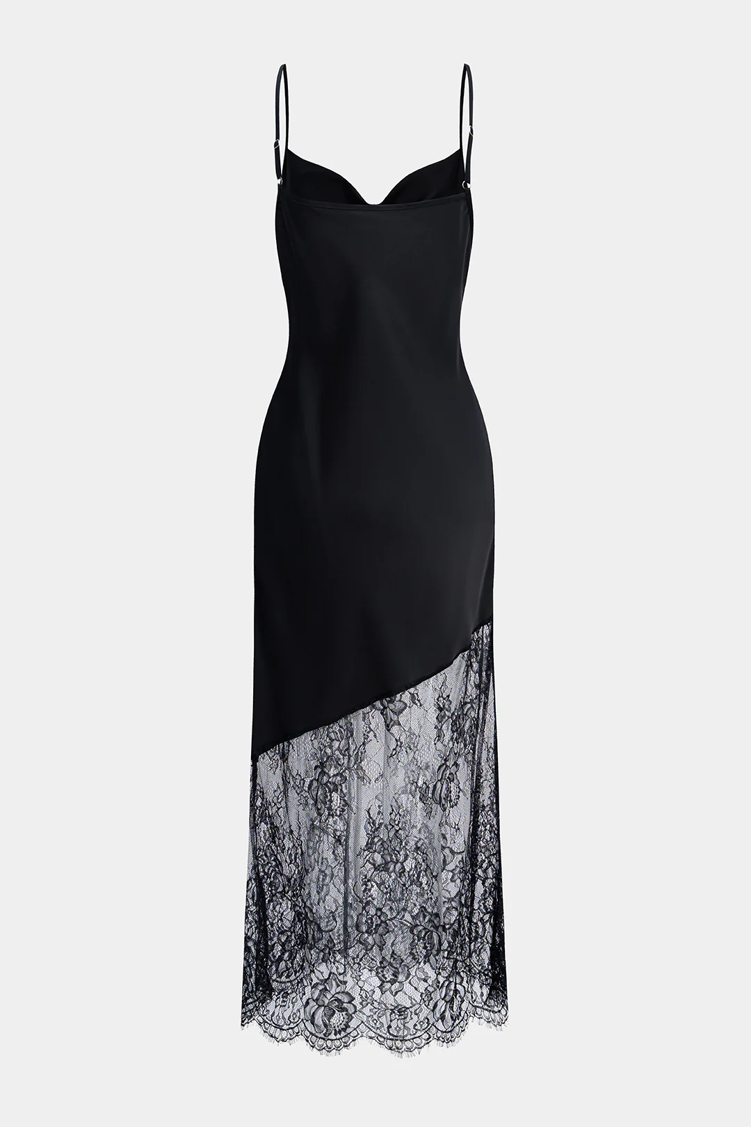 Satin Patchwork Lace Draped Cowl Neck Asymmetrical Sleeveless Slip Midi Dress - Image 2