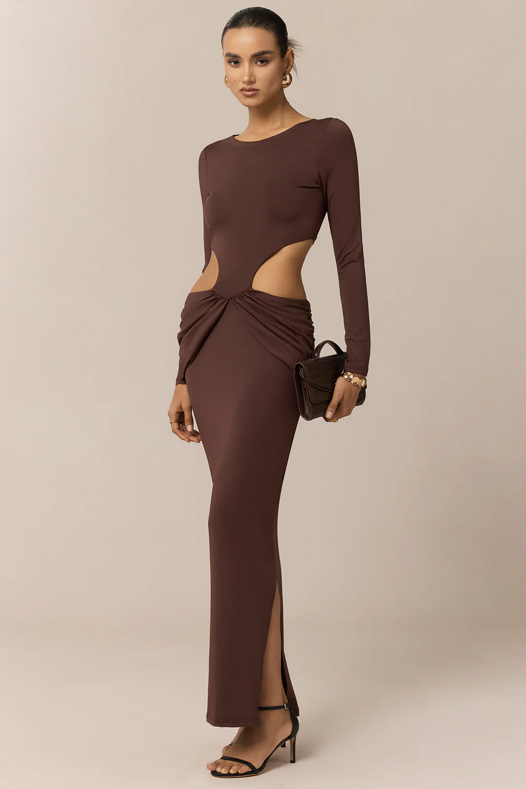 Ruched Round Neck Cut Out Long Sleeve Maxi Dress