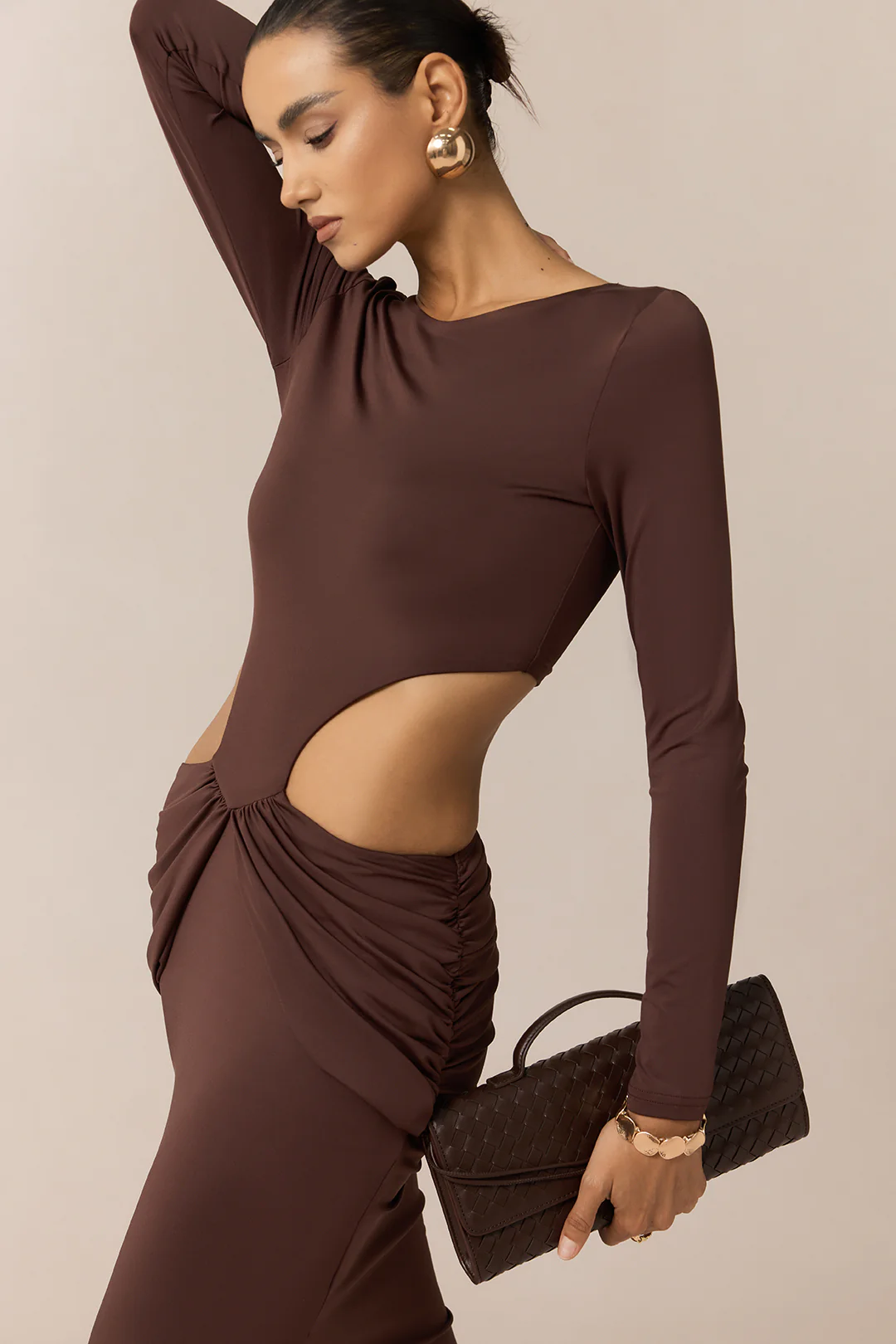 Ruched Round Neck Cut Out Long Sleeve Maxi Dress - Image 3