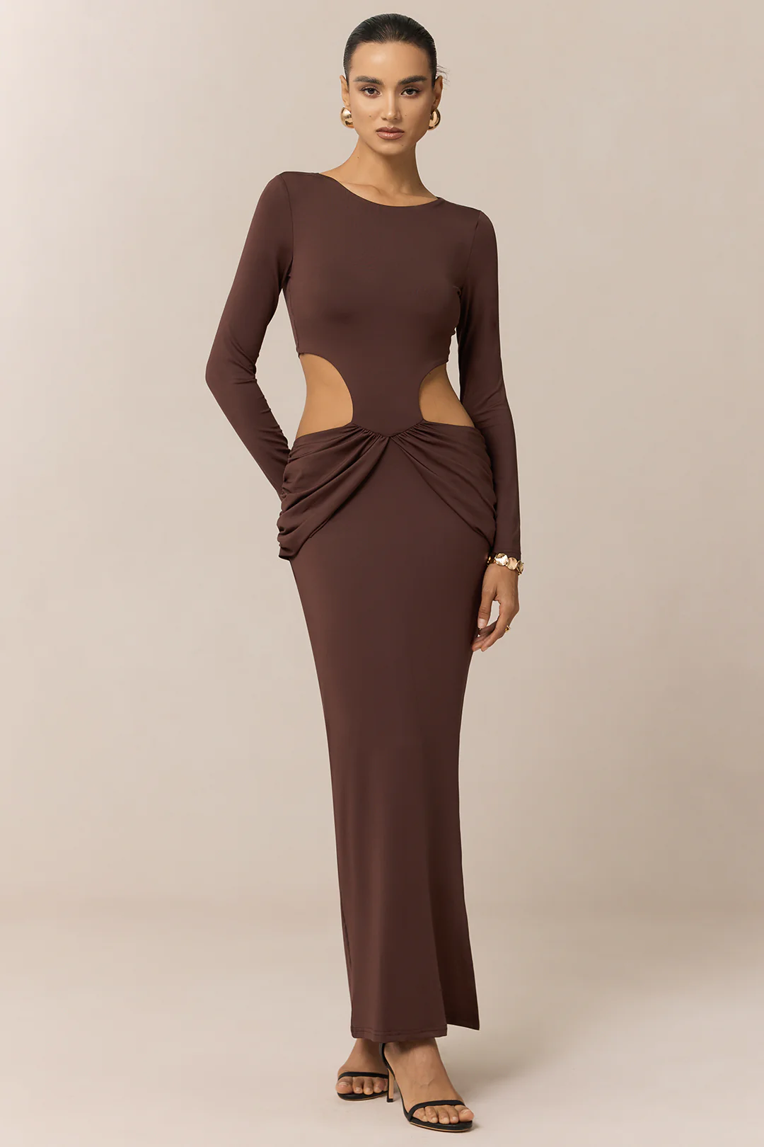 Ruched Round Neck Cut Out Long Sleeve Maxi Dress - Image 4