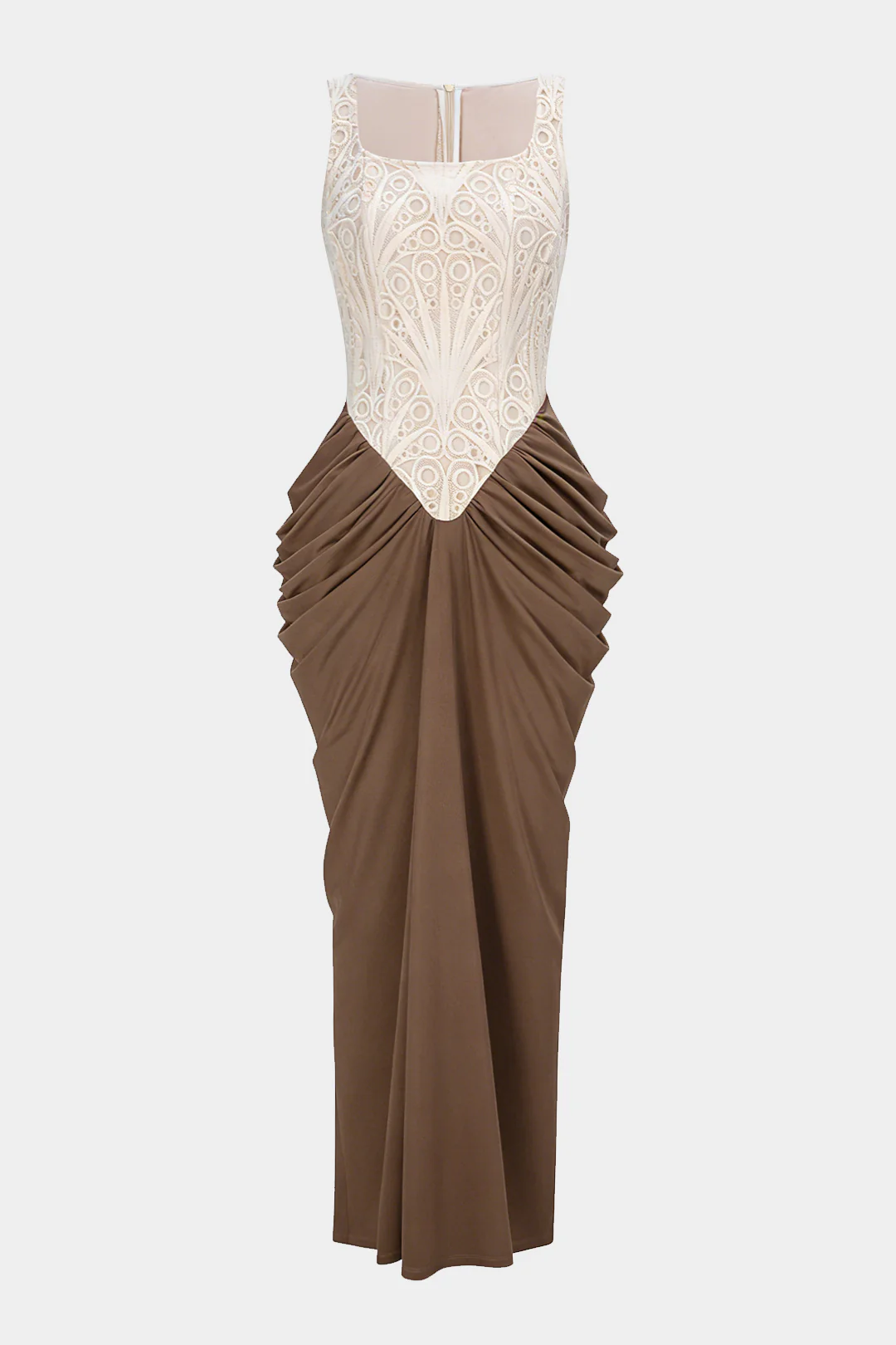 Embroidery Patchwork Square Neck Ruched Sleeveless Maxi Dress