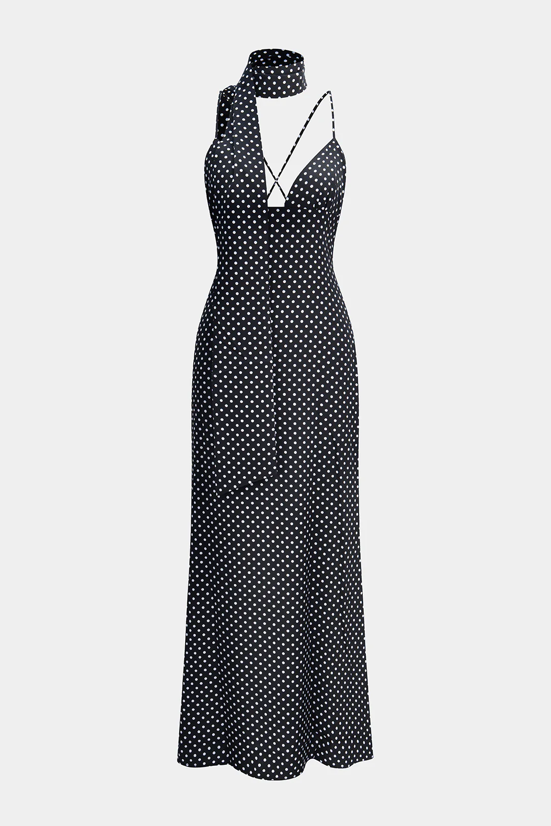 Polka Dots Print Crossed Tie Up Backless Slip Sleeveless Maxi Dress With Scarf