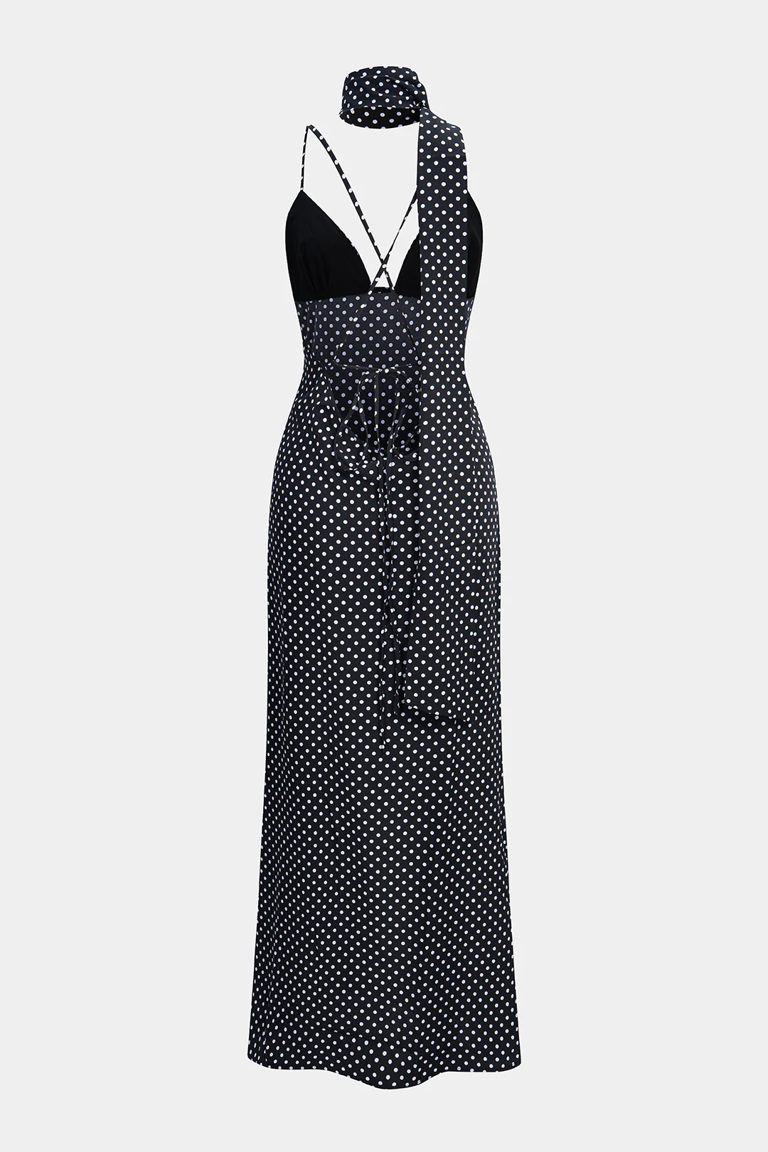 Polka Dots Print Crossed Tie Up Backless Slip Sleeveless Maxi Dress With Scarf - Image 2