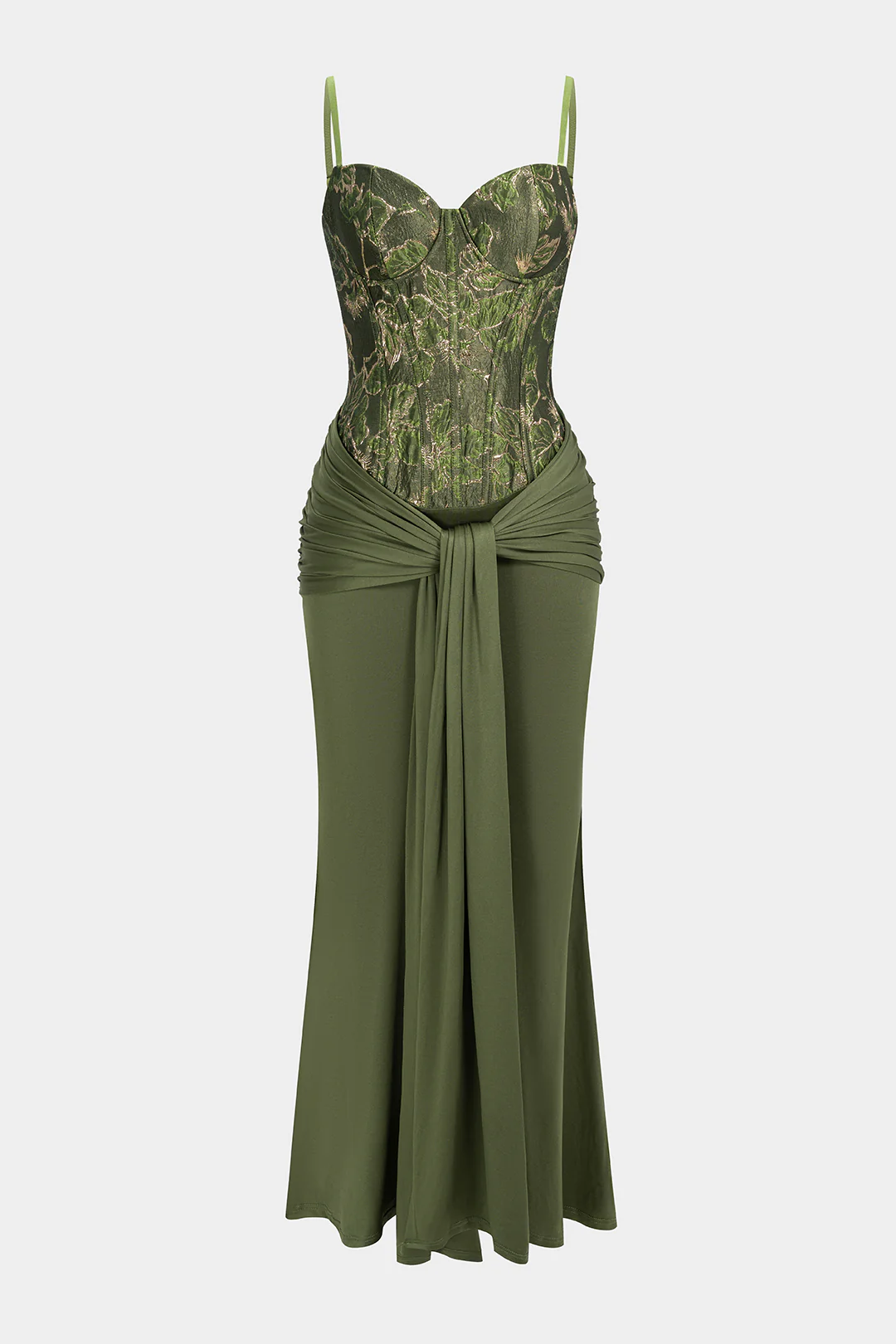 Jacquard Patchwork Ruched Strappy Sleeveless Maxi Dress