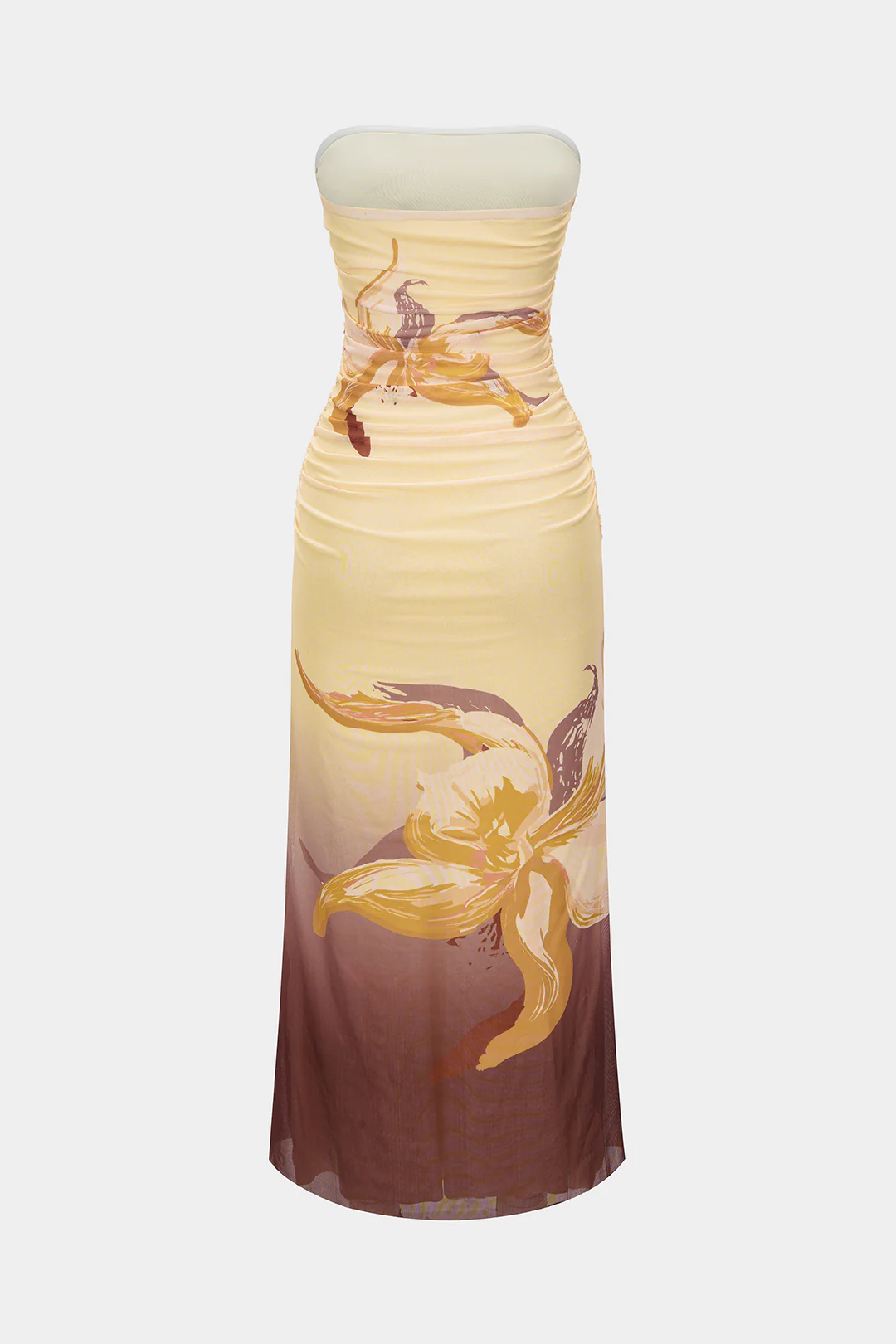 Floral Print Mesh Ruched Strapless Sleeveless Midi Dress - Image 2