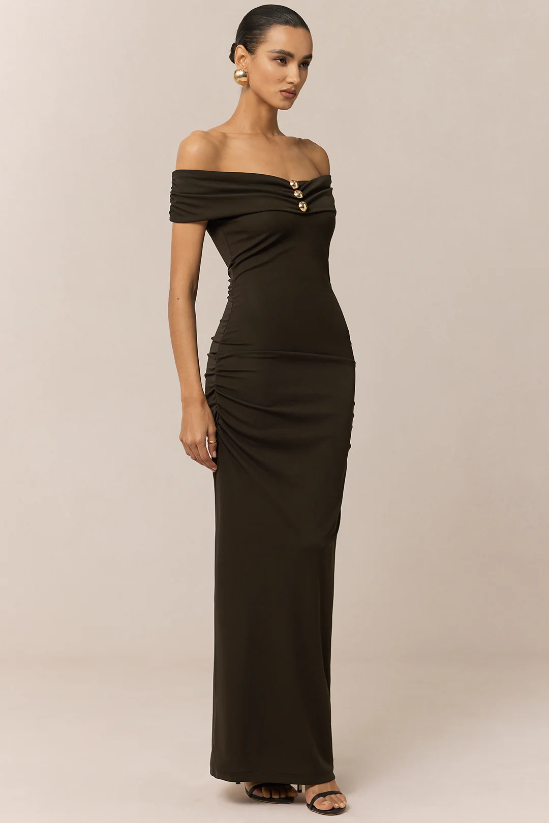 Off Shoulder Metallic Button Maxi Dress - Image 4