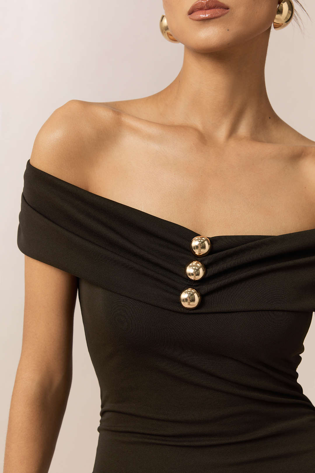 Off Shoulder Metallic Button Maxi Dress - Image 5