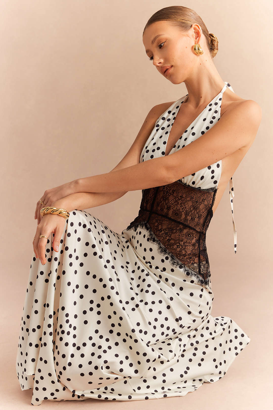 Polka Dots Print Satin Patchwork Lace Halter V-Neck Backless Sleeveless Maxi Dress - Image 2