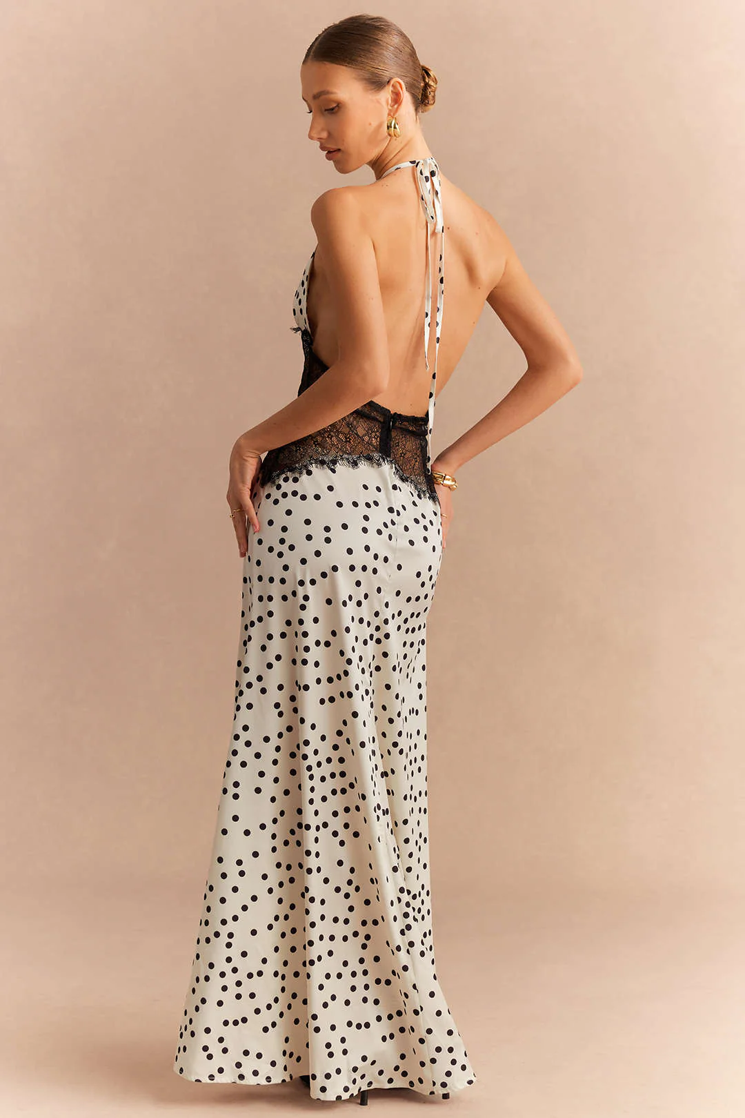 Polka Dots Print Satin Patchwork Lace Halter V-Neck Backless Sleeveless Maxi Dress - Image 4