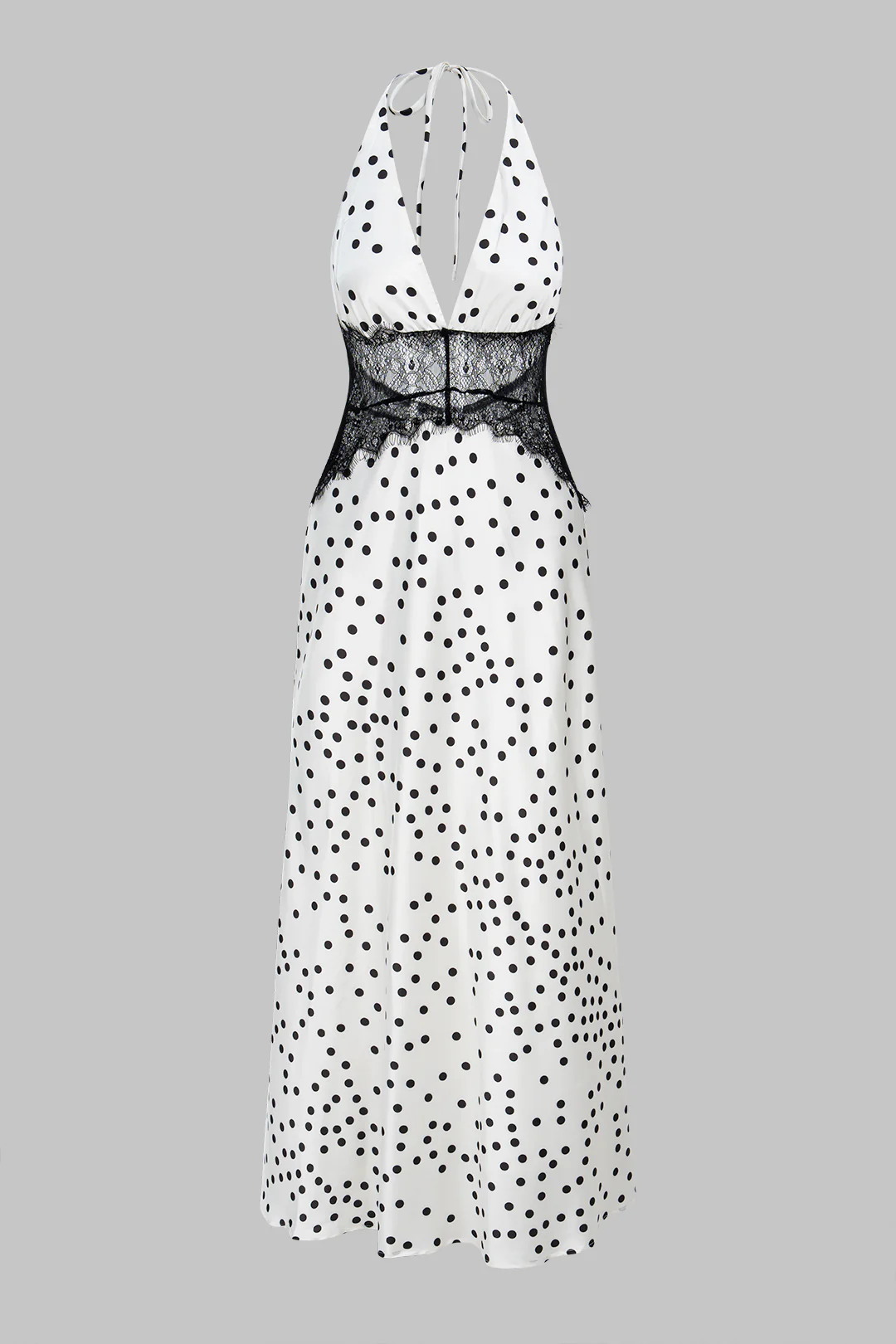 Polka Dots Print Satin Patchwork Lace Halter V-Neck Backless Sleeveless Maxi Dress - Image 7