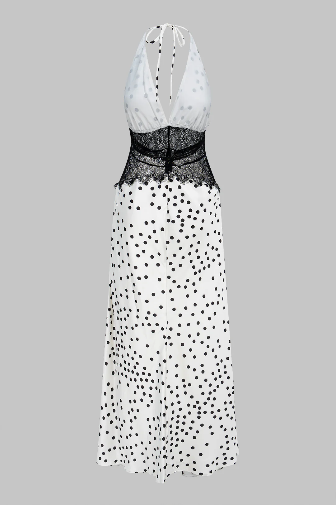 Polka Dots Print Satin Patchwork Lace Halter V-Neck Backless Sleeveless Maxi Dress - Image 8