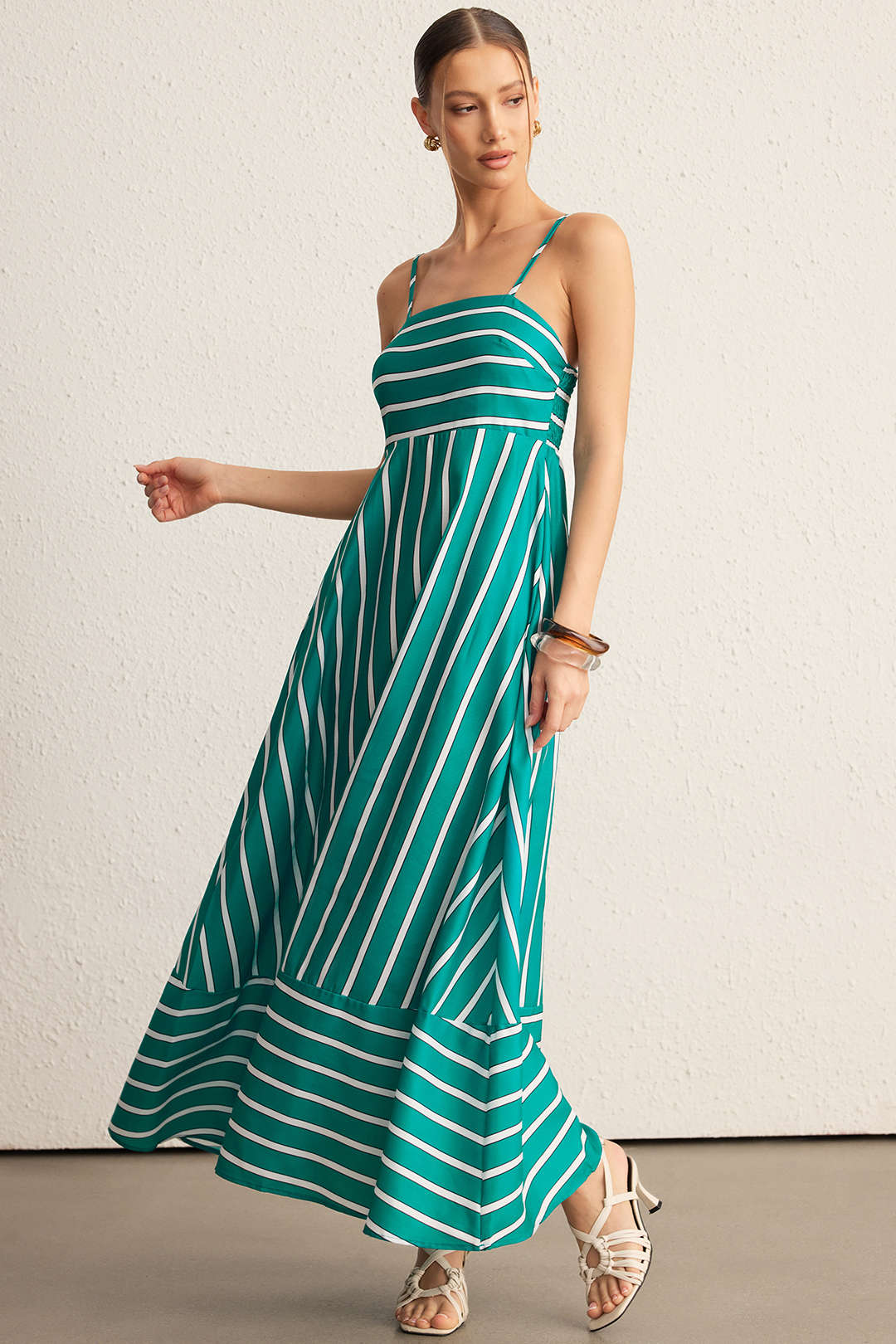 Stripes Print Backless Smocked Pocket Sleeveless Maxi Dress