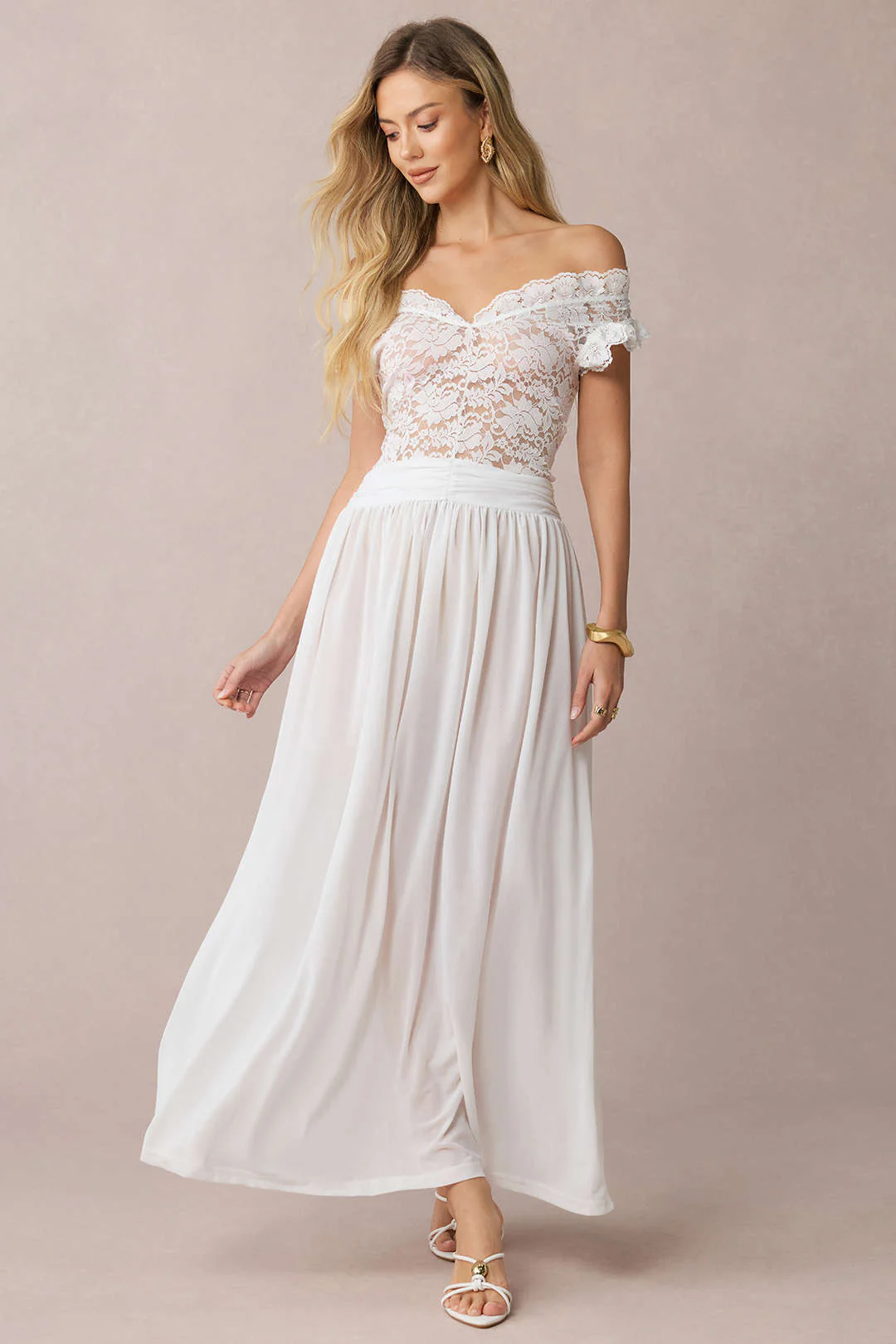 Sheer Lace Patchwork Off-Shoulder Ruched Sleeveless Midi Dress