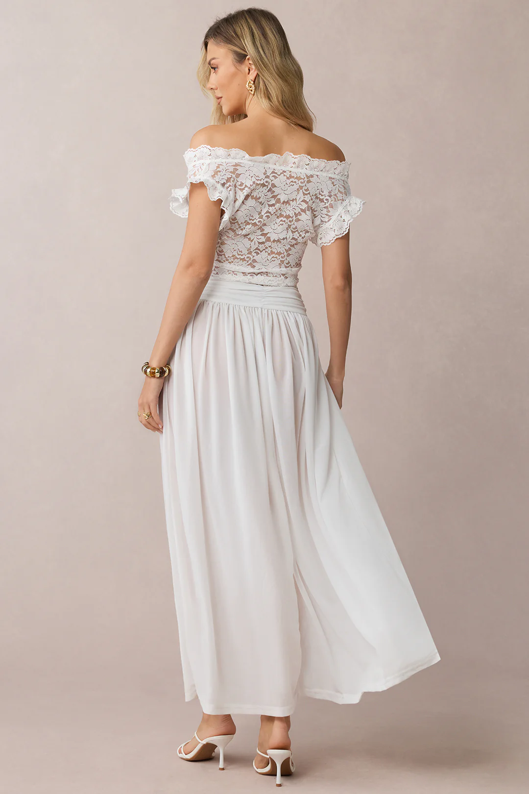 Sheer Lace Patchwork Off-Shoulder Ruched Sleeveless Midi Dress - Image 2