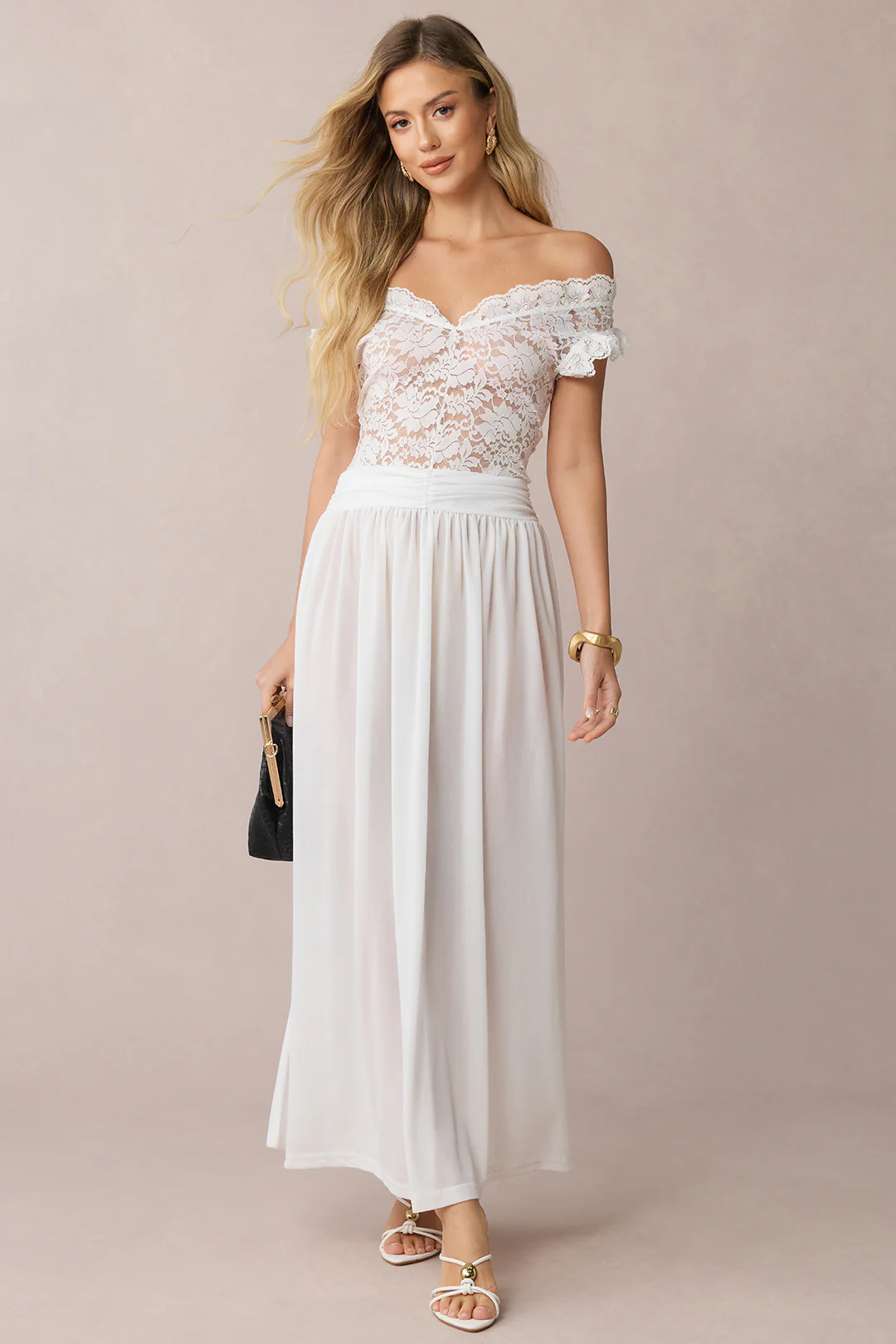 Sheer Lace Patchwork Off-Shoulder Ruched Sleeveless Midi Dress - Image 4