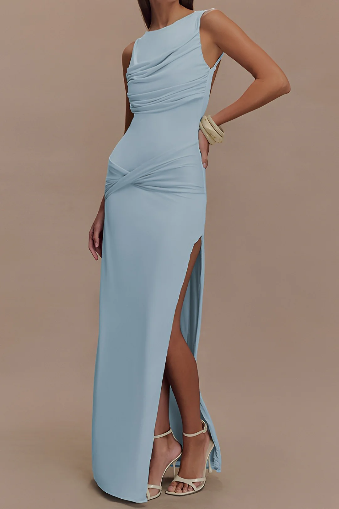 Round Neck Asymmetrical Ruched Backless Sleeveless Maxi Dress - Image 6
