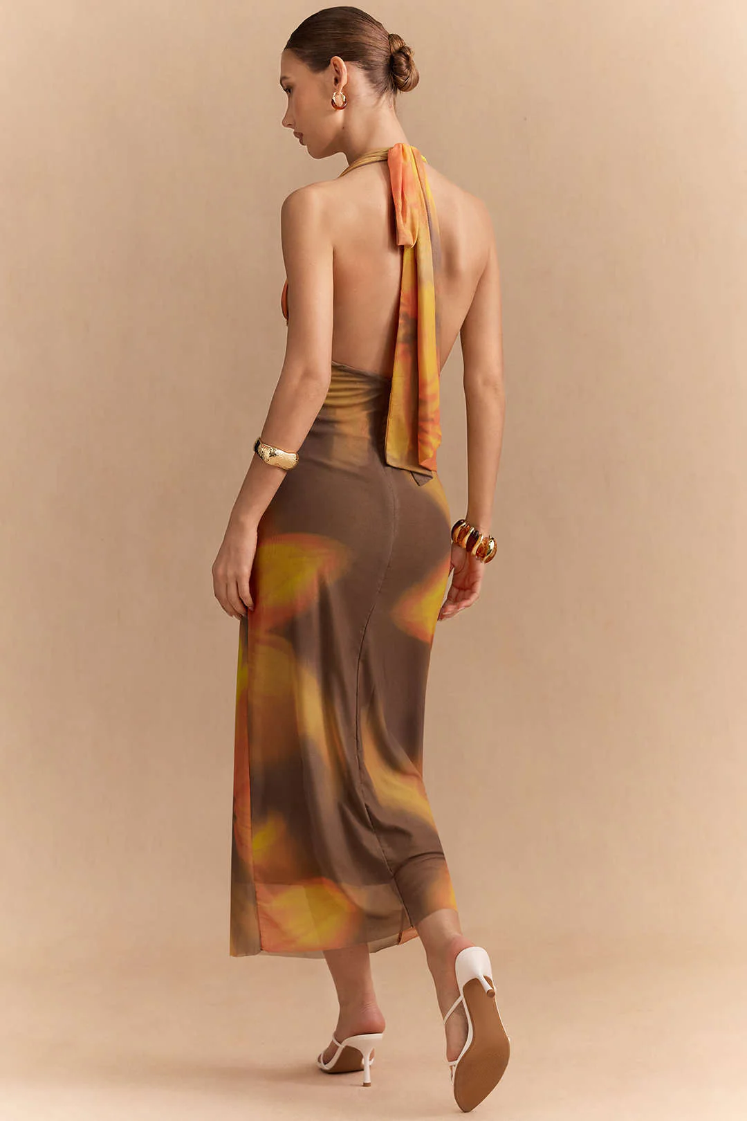 Floral Print Mesh Halter V-Neck Strappy Backless Sleeveless Midi Dress - Image 2