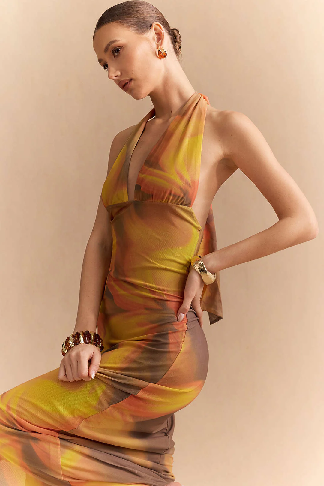 Floral Print Mesh Halter V-Neck Strappy Backless Sleeveless Midi Dress - Image 3