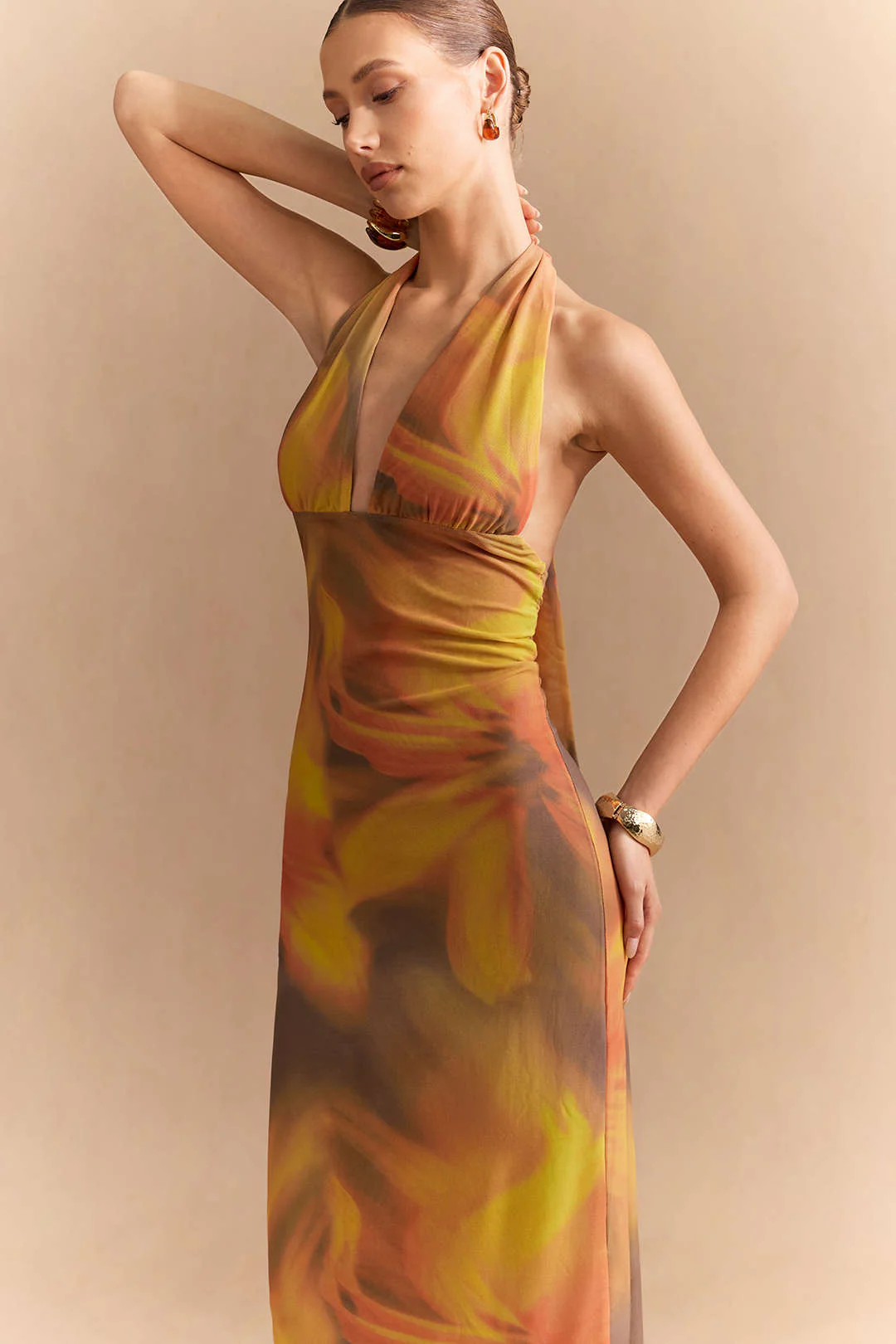 Floral Print Mesh Halter V-Neck Strappy Backless Sleeveless Midi Dress - Image 6