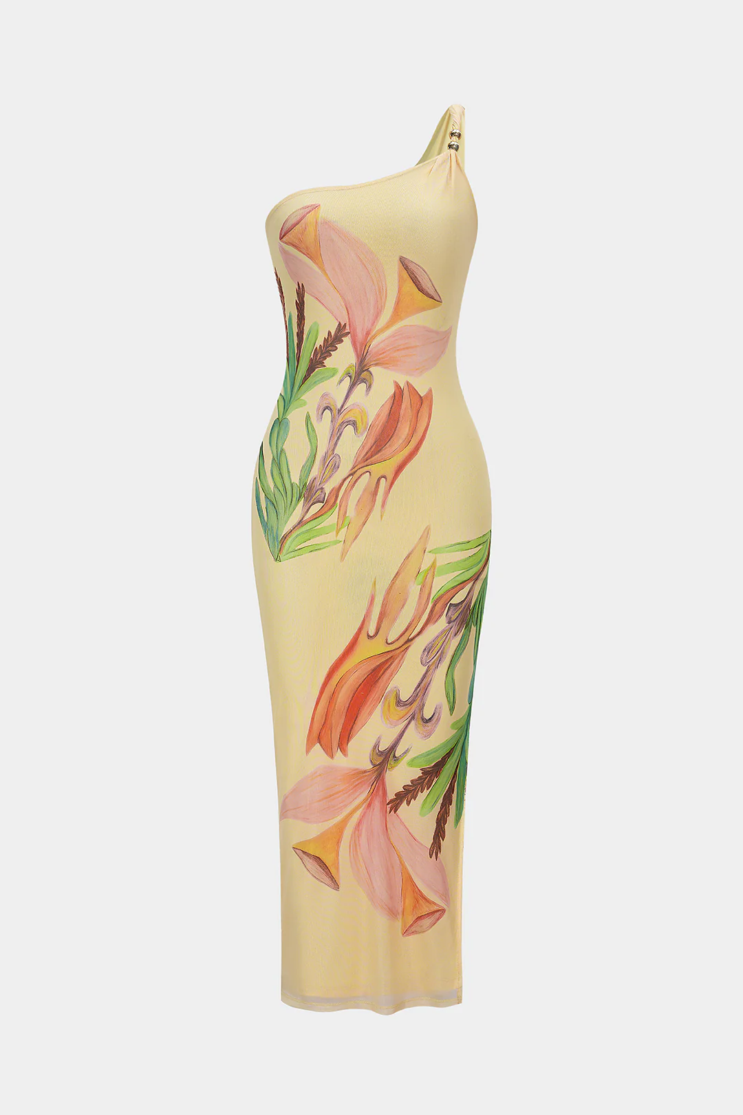 Floral Print Mesh Asymmetrical One Shoulder Twist Knot Sleeveless Midi Dress