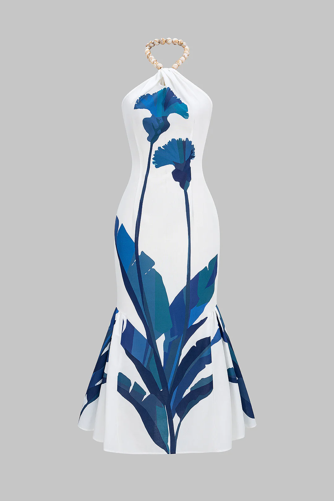 Branches Print Halter Neck Ruched Sleeveless Maxi Dress