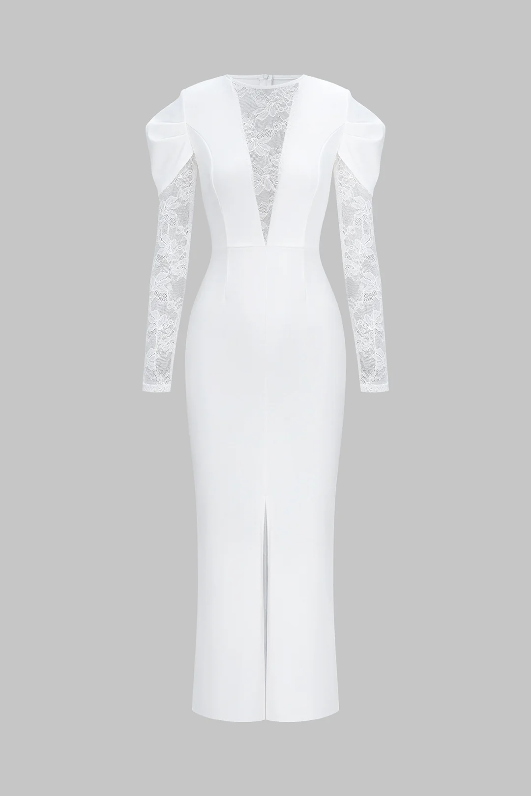 Sheer Lace Patchwork Round Neck Long Sleeve Maxi Dress