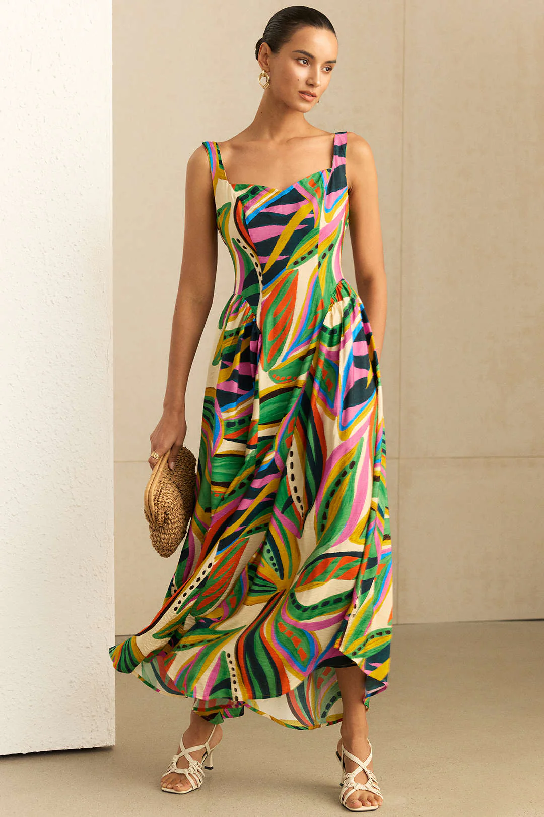 Abstract Print Ruched Sleeveless Maxi Dress - Image 6