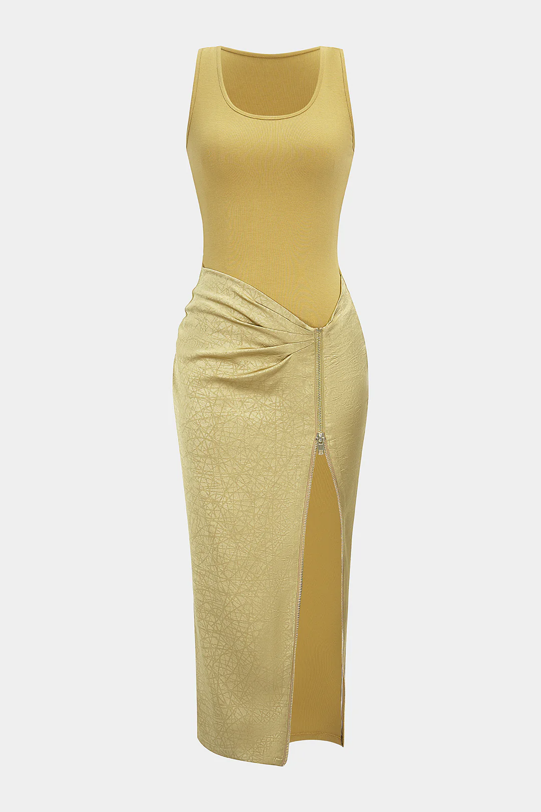 Patchwork Textured U-Neck Asymmetrical Ruched Zipper Slit Sleeveless Maxi Dress