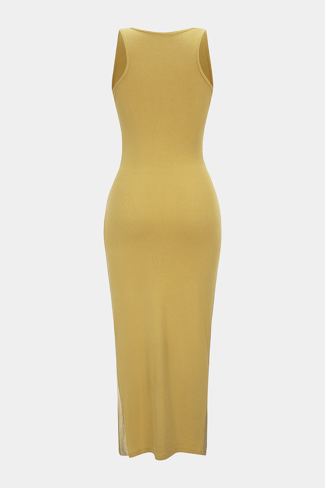 Patchwork Textured U-Neck Asymmetrical Ruched Zipper Slit Sleeveless Maxi Dress - Image 2