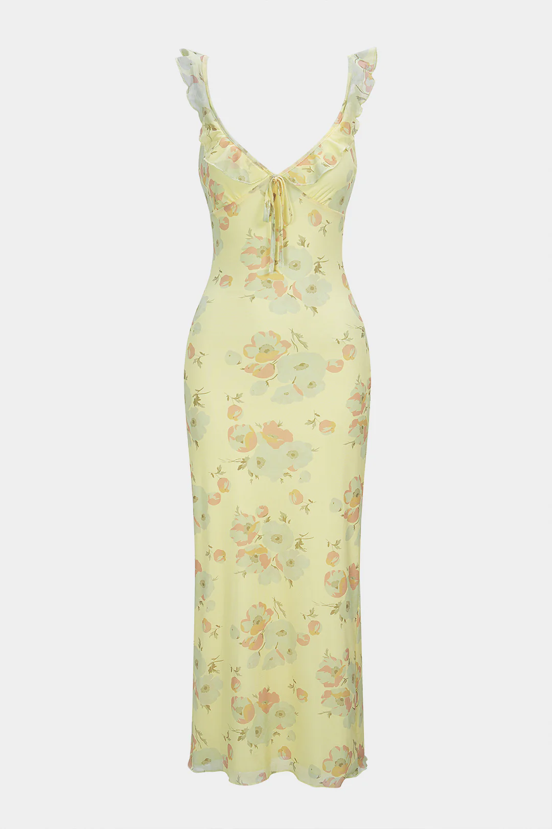 Floral Print V-Neck Tie-Up Ruffle Sleeveless Maxi Dress