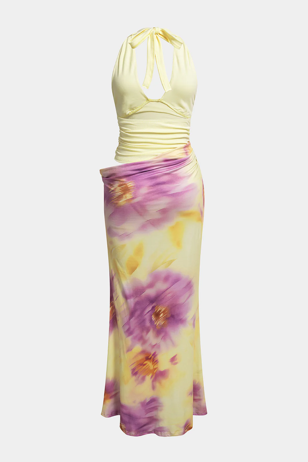 Floral Print Halter V-Neck Cut Out Tie-Up Asymmetrical Maxi Dress - Image 2