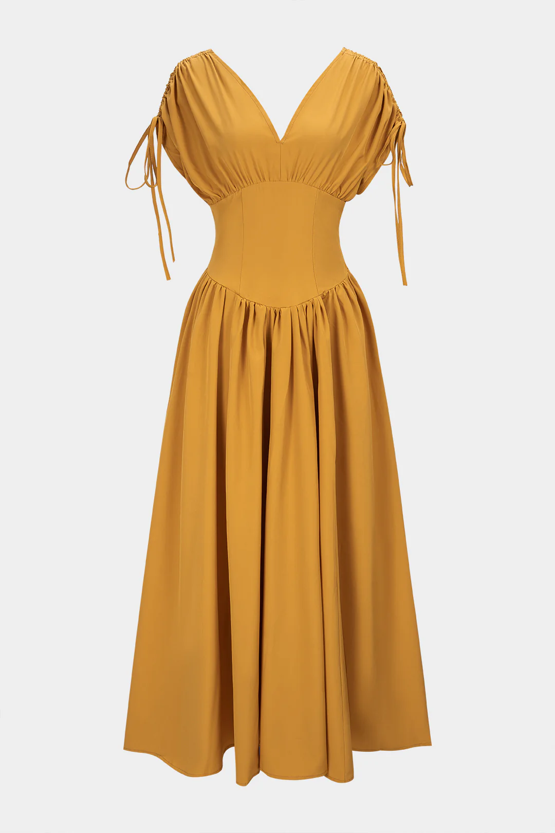 V-Neck Tie-Up Ruched Sleeveless Maxi Dress