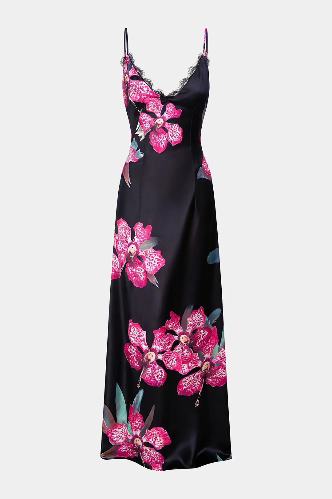Floral Print Satin Patchwork Lce Trim V-Neck Slip Sleeveless Maxi Dress - Image 2